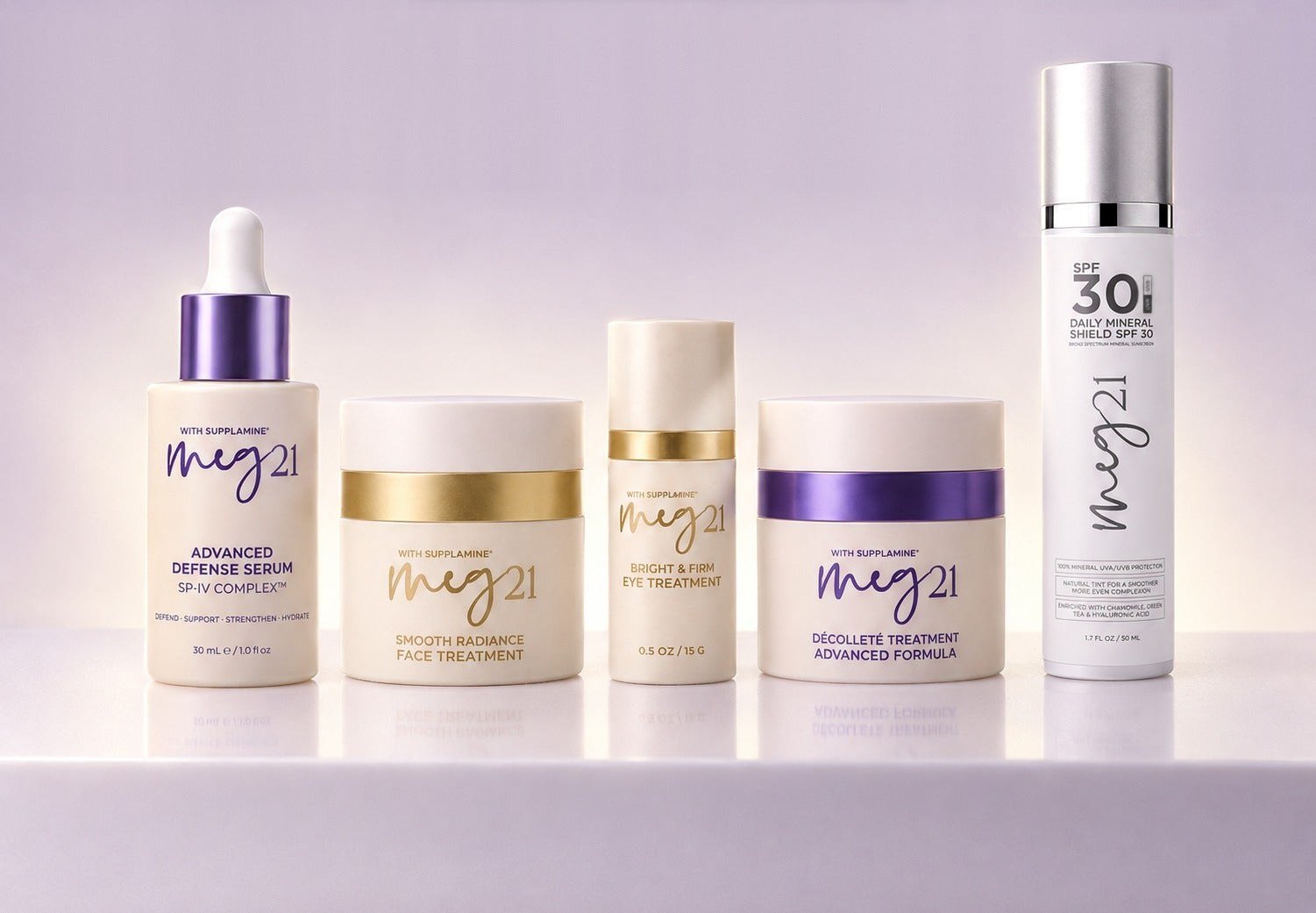 The MEG 21 range: Advanced Defense Serum, Smooth Radiance Face Treatment, Bright & Firm Eye Treatment, Décolleté Treatment and Daily Mineral Shield SPF 30