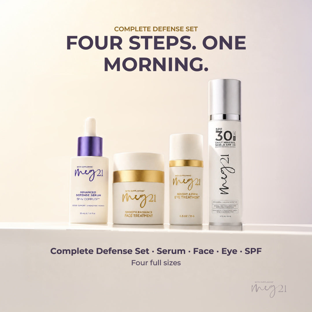 MEG 21 Complete Defense set: Advanced Defense Serum, Smooth Radiance Face Treatment, Bright & Firm Eye Treatment, Daily Mineral Shield SPF 30