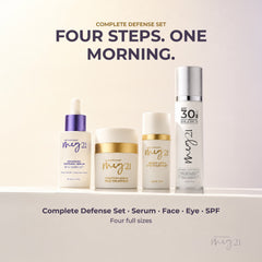 MEG 21 Complete Defense set: Advanced Defense Serum, Smooth Radiance Face Treatment, Bright & Firm Eye Treatment, Daily Mineral Shield SPF 30