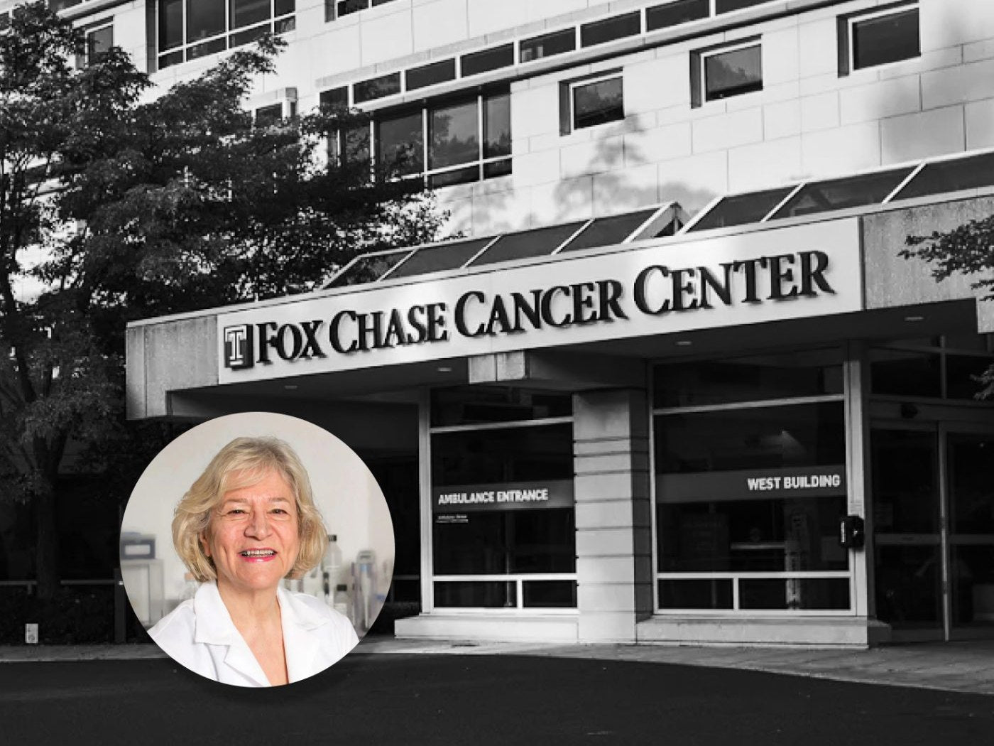 Fox Chase Cancer Center, with an inset portrait of Dr. Annette Tobia, PhD