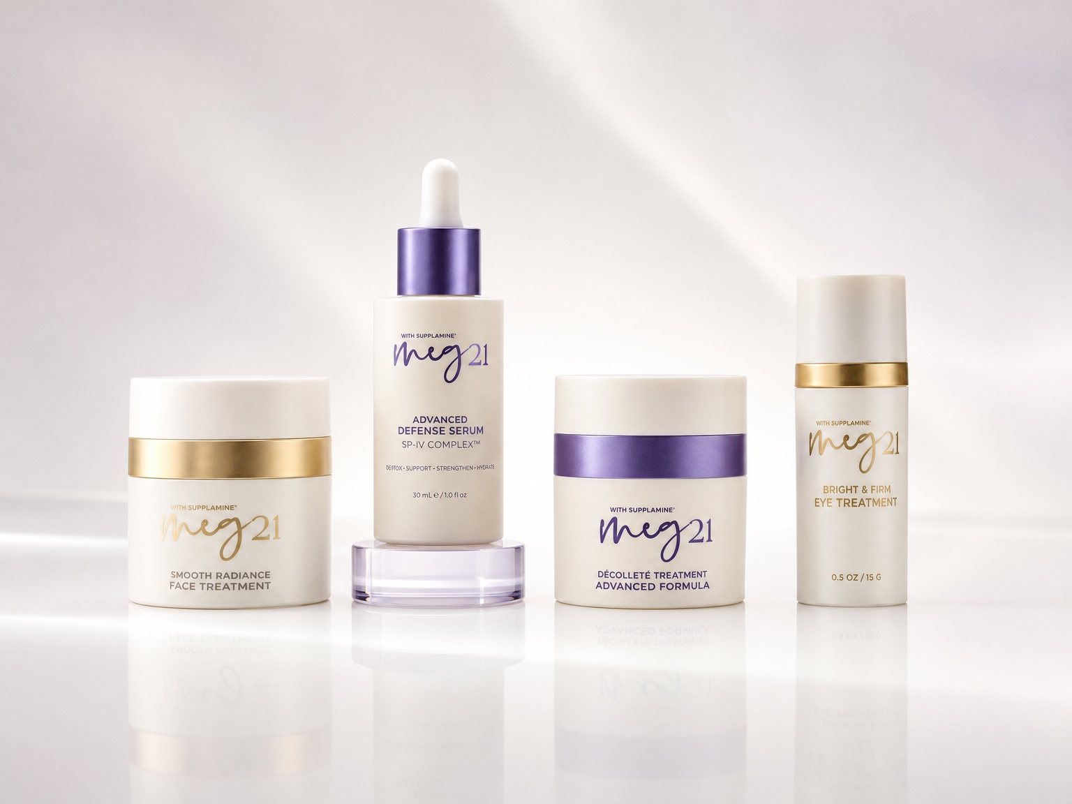 The MEG 21 range: serum, face treatment, décolleté treatment, eye treatment and mineral SPF